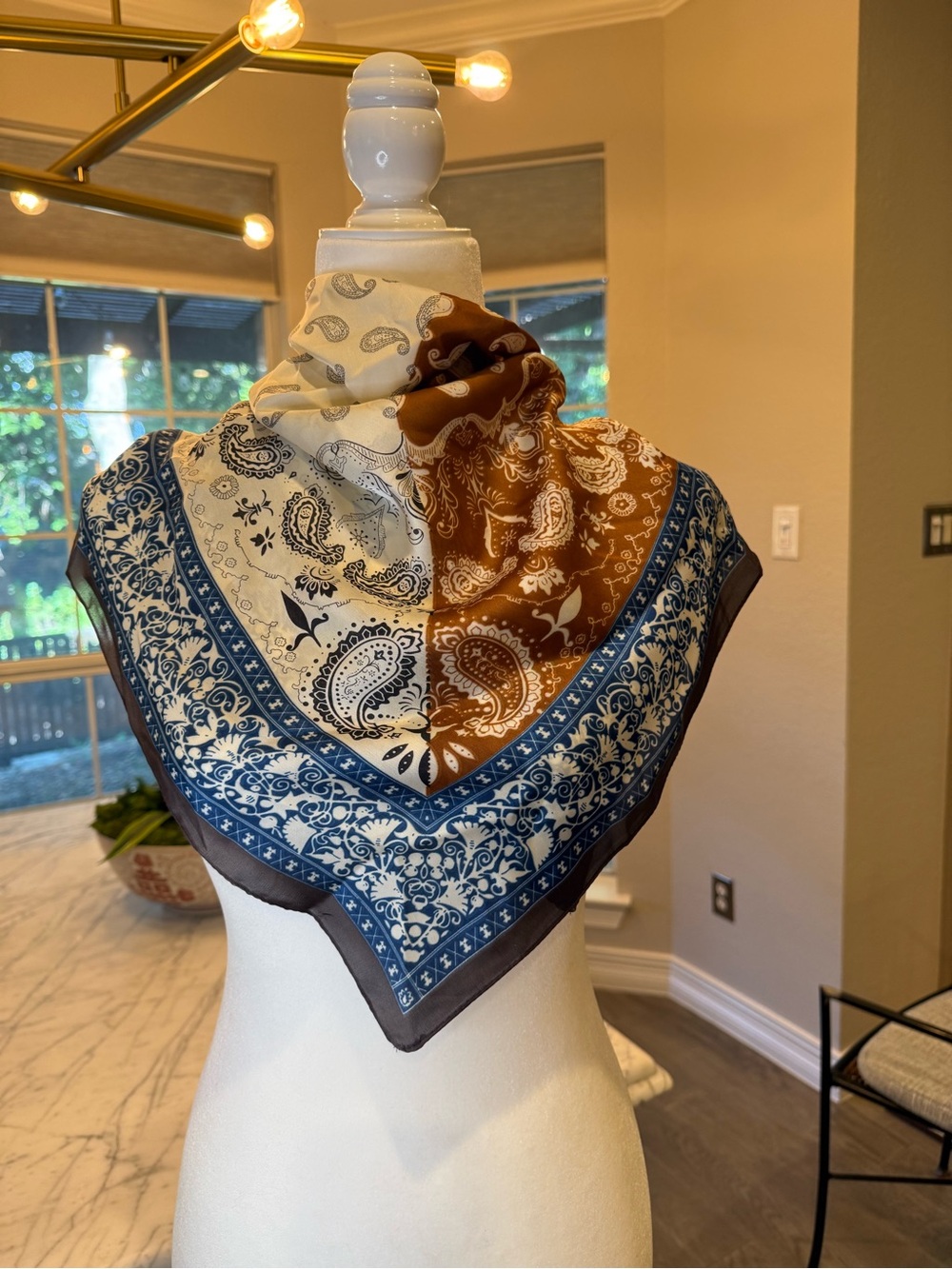 Paisley Colorblock Bandana Scarf in Blue, Brown & Cream - Unbranded